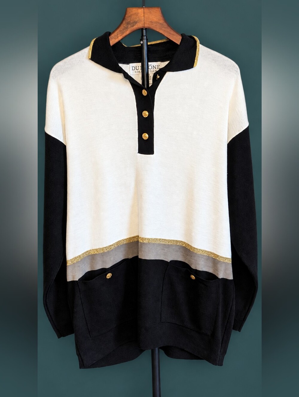 Vintage Du Rhone Cream Black Colorblock Polo Sweater S